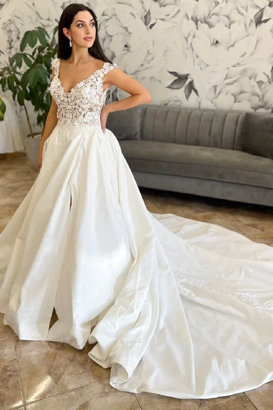 women's maxi dressesWhite Lace Satin Off-the Shoulder Backless Bridal Gown