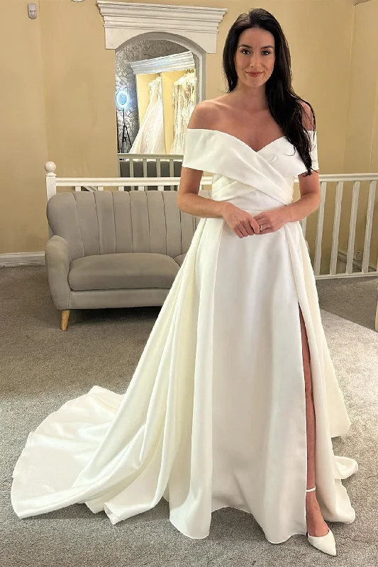 women's fair-trade dressesWhite Off-the-Shoulder Long Bridal Gown with Slit