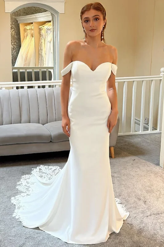 women's luxury dressesWhite Off-the-Shoulder Mermaid Long Bridal Gown