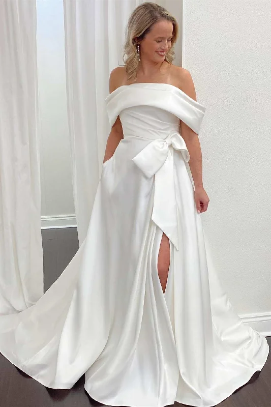 women's cocktail dressesWhite Satin Off-the-Shoulder Bow A-Line Bridal Gown with Slit