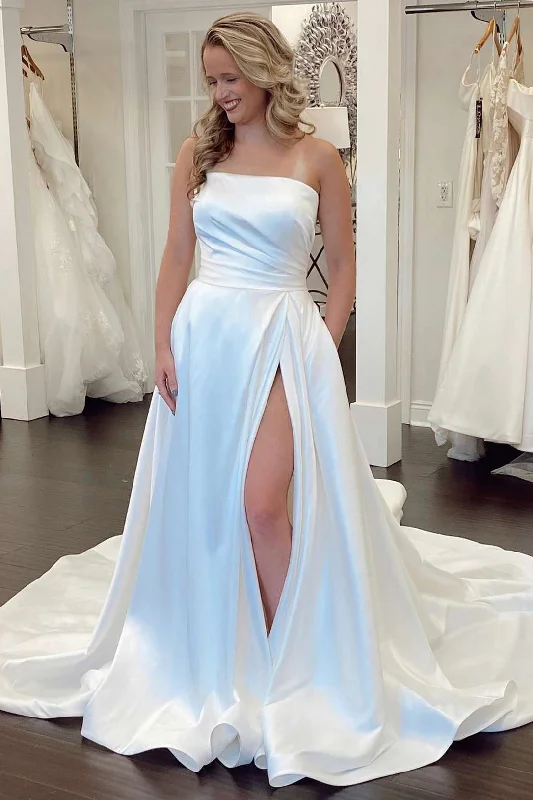 women's ball gown dressesWhite Satin Strapless A-Line Bridal Gown with Slit