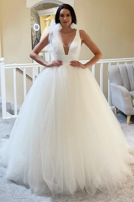 women's affordable dressesWhite Tulle Plunge V Open Back Ball Gown with Bow