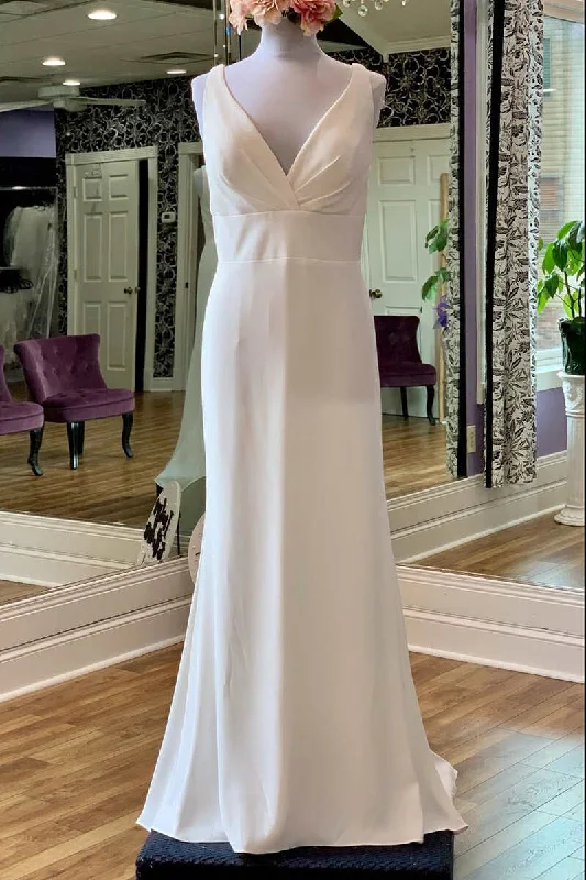 women's floral dressesWhite V-Neck Square Back Long Bridal Gown